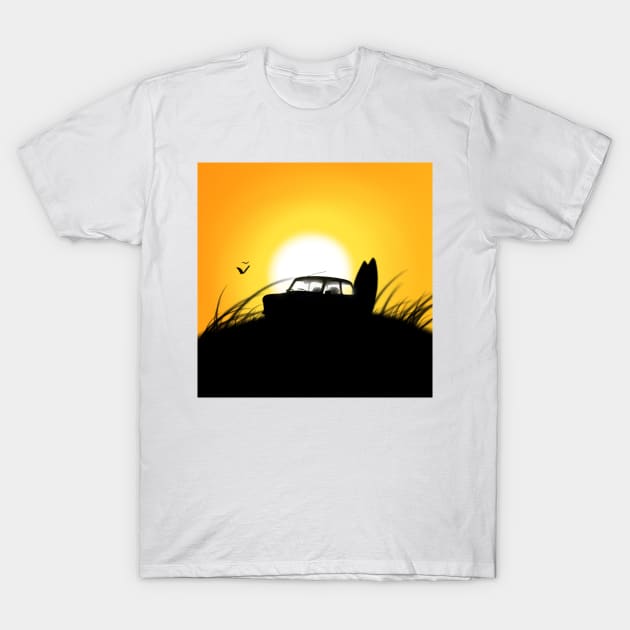 Classic Mini Sunset Surfboard T-Shirt by jdm1981